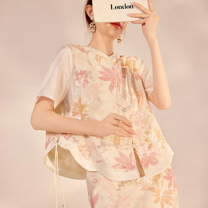 national style temperament heavy industry embroidery pink new Chinese tassel sequined vest skirt two-piece set female N3068