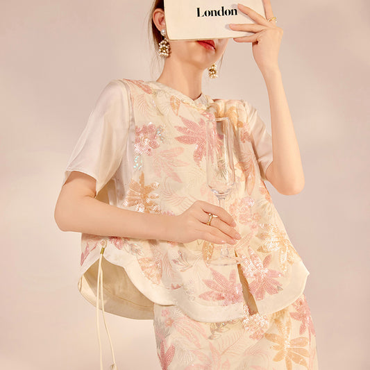 national style temperament heavy industry embroidery pink new Chinese tassel sequined vest skirt two-piece set female N3068