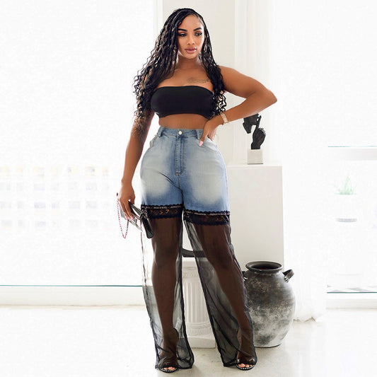 flowersverse 11102phr  Hot  Summer New Color Contrast Patchwork Mesh Washing Water HOTan and NEWn Style Jeans Women