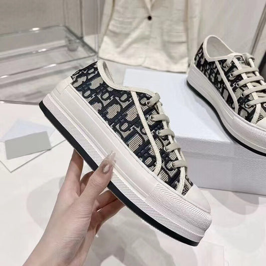 flowersverseFashionable Brand Embroidered Canvas Shoes for Women  Spring New D Home Thick Bottom Retro Presbyopic Letters Casual Sports Skate Shoes