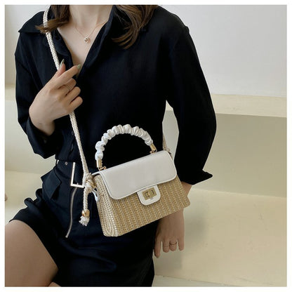 FLOWERSVERSE  Straw Woven Bag Women's Fashionable Beach Weaving Portable Small Square Bag  Summer New Ins Stitching Shoulder Messenger Bag