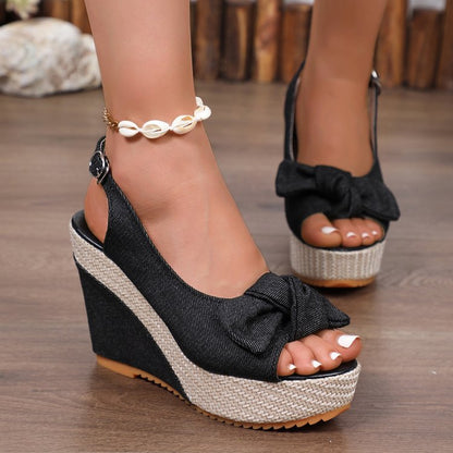 flowersverse  Wedge Hemp Rope Platform High Heel Women's Sandals  New Denim Bow Waterproof Platform Peep-Toe Slingback Sandals