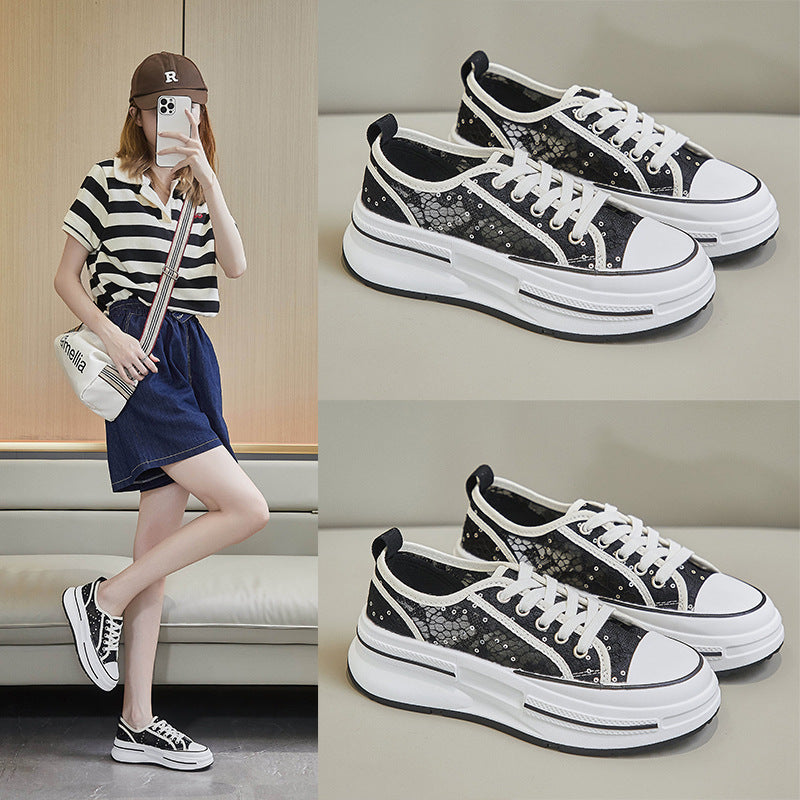 flowersverseSummer Mesh Canvas Shoes for Women  New Versatile Breathable Thick Sole Height Increasing Ins Korean Style Casual Sneakers for Students