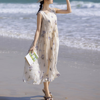 summer new full-length heavy industry embroidery waist thin white fairy robe dress vest skirt length