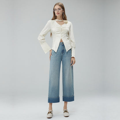 2025 autumn new curled jeans women's 2025n high street design sense niche high waist thin wide leg nine-point pants