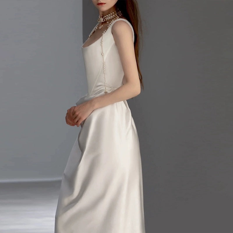 2025 satin light clothing wedding dress  spring new temperament simple go out small trailing suspender welcome dress