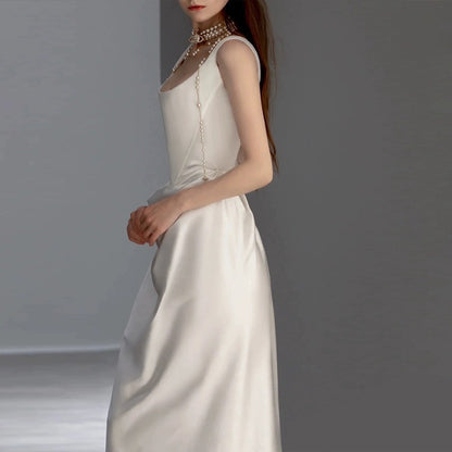 2025 satin light clothing wedding dress  spring new temperament simple go out small trailing suspender welcome dress