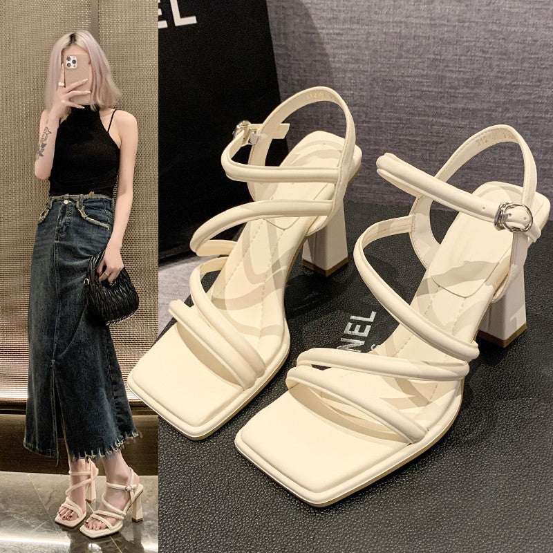 flowersverse  Chunky Heel Mid Heel Gentle and All-Match Sandals Fairy Style  New Summer Online Influencer Refined Ankle-Strap Buckle High Heels