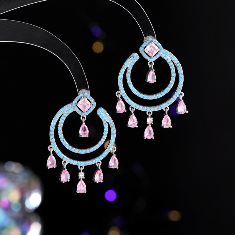 2025 S925 silver needle temperament micro-inlaid zircon light luxury high-end earrings design double-layer ring water drop fringed earrings