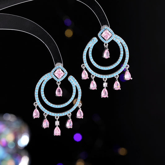 2025 S925 silver needle temperament micro-inlaid zircon light luxury high-end earrings design double-layer ring water drop fringed earrings