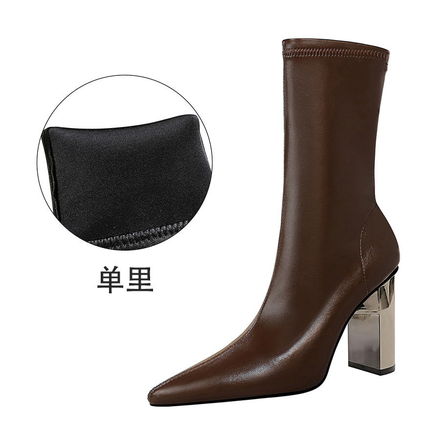 FLOWERSVERSE 2025 3228-12  style fashion thin boots metal thick heel high heel pointed sexy nightclub thin winter short boots