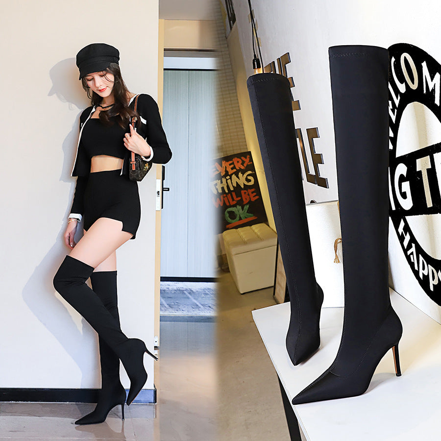 FLOWERSVERSE 2025 315-A9  style simple high heel pointed elastic lycra sexy nightclub slim pedicure legs over knee boots