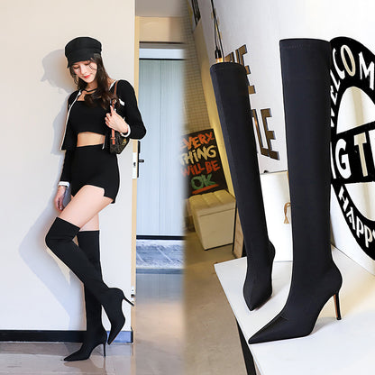 FLOWERSVERSE 2025 315-A9  style simple high heel pointed elastic lycra sexy nightclub slim pedicure legs over knee boots