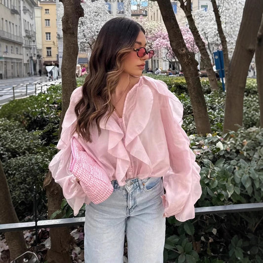 high-end design sense solid color temperament chiffon ruffle edge zipper top versatile comfortable loose long-sleeved shirt