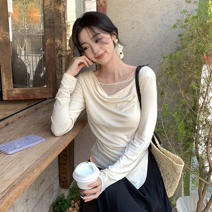 2025 Thirteen Lines  Spring New Korean Edition Temperament Lace Swing Neck Bottom Shirt Long Sleeve Top 89209