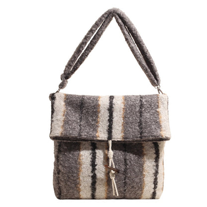 FLOWERSVERSE 2025 popular autumn and winter new striped woolen shoulder bag fashion lamb wool folding horn buckle Korean version fashion messenger bag