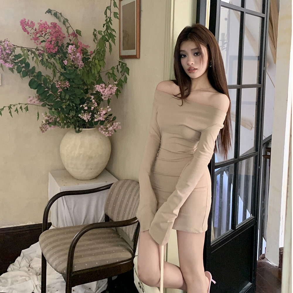2025 Pure desire spice girl one-word shoulder dress women's autumn  temperament sexy slim waist and thin hip skirt