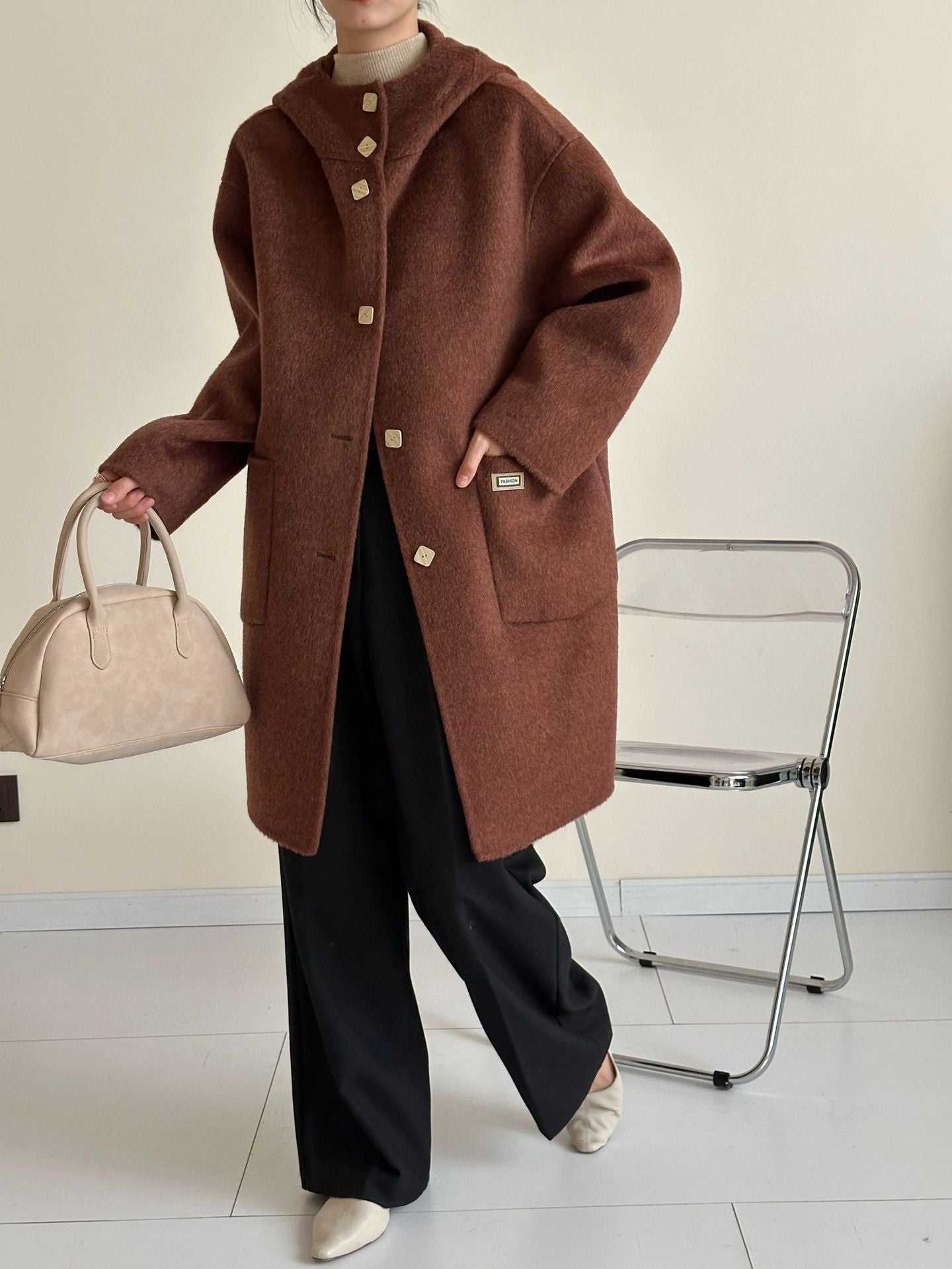 2025 Yak down mulberry silk wool hooded single-row multi-buckle shoulder sleeves extended double-sided woolen cashmere coat autumn and winter