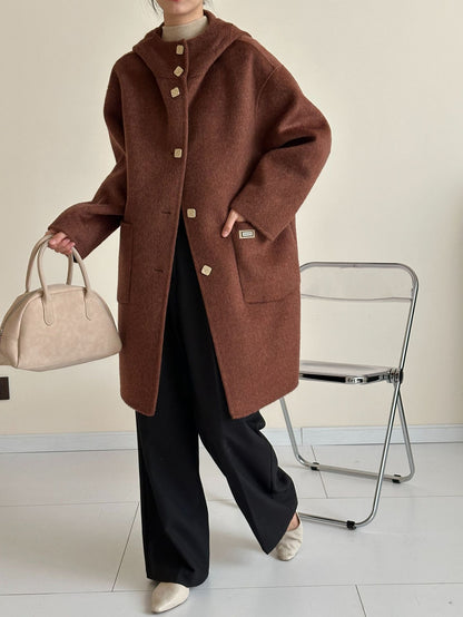 2025 Yak down mulberry silk wool hooded single-row multi-buckle shoulder sleeves extended double-sided woolen cashmere coat autumn and winter