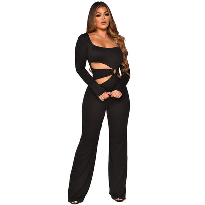 flowersverse K9985 Cross-Border Supply  Independent Station HOTan and NEWn Hot Women's Clothing Sexy Waist Hollow-out Slim Fit Long Sleeve Jumpsuit