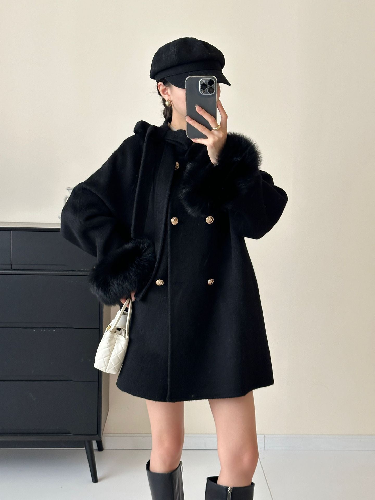 2025 Bow fox hair cuffs shoulder sleeves stand neck double breasted double-sided wool woolen coat jacket warm autumn and winter