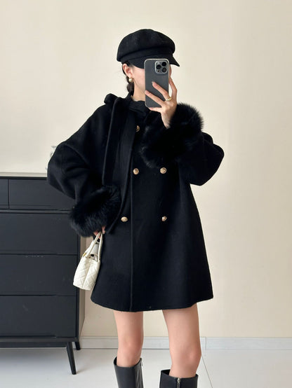 2025 Bow fox hair cuffs shoulder sleeves stand neck double breasted double-sided wool woolen coat jacket warm autumn and winter
