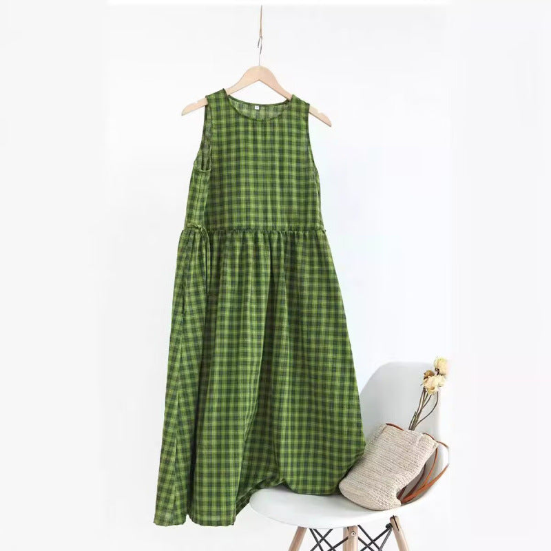 Cotton and linen green plaid fresh and white sleeveless waist drawstring summer dress literary skirt travel dress
