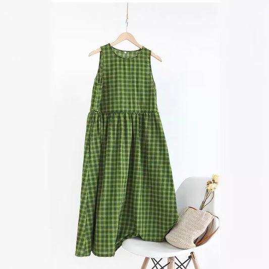 Cotton and linen green plaid fresh and white sleeveless waist drawstring summer dress literary skirt travel dress