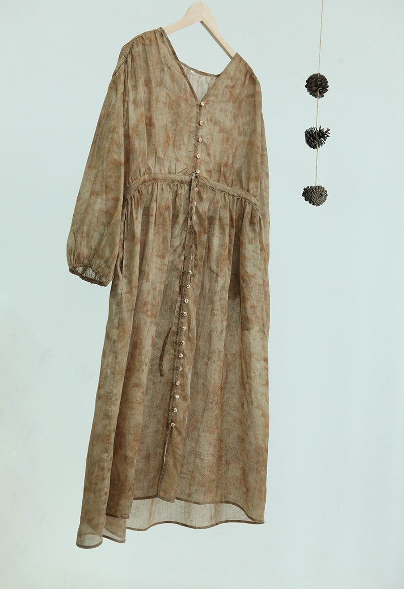 popular spring and summer women's clothing  lazy ramie digital printing dress women's yellow thin dress 230247