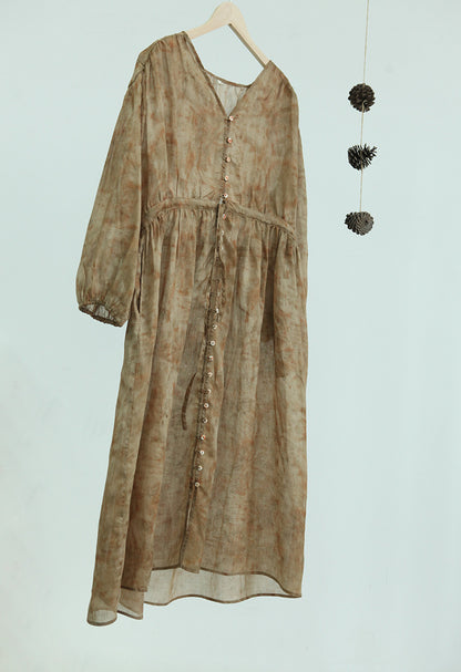 popular spring and summer women's clothing  lazy ramie digital printing dress women's yellow thin dress 230247