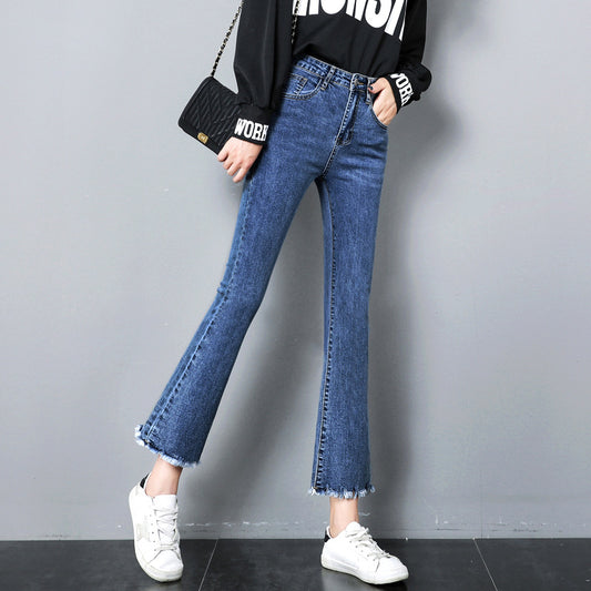 flowersverse Slightly Flared Jeans Women's High Waist  New Spring and Autumn Clothing Slimming Cropped Small Stretch Women's Pants