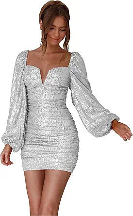 FLOWERSVERSE 2025New New Sequin Mini Wrap Dress Women's V-Neck Long Sleeve Bubble Sleeve Glitter Wrap Party Dress