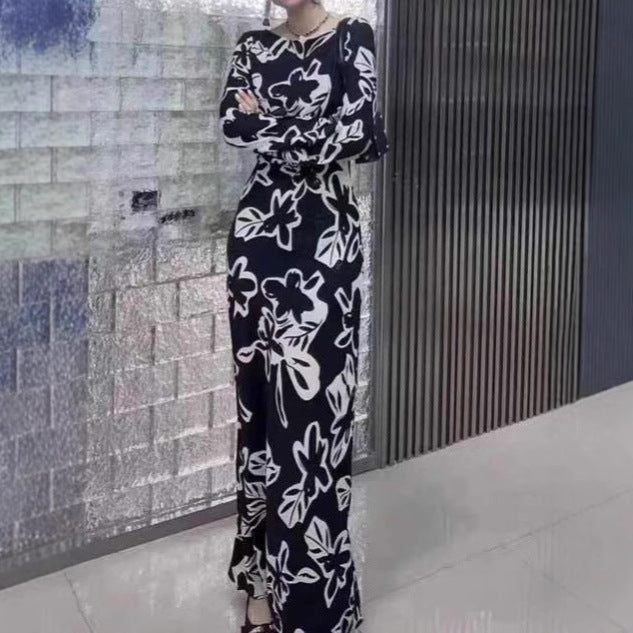 2025 retro socialite cold wind temperament long dress high-end printed dress long dress spring