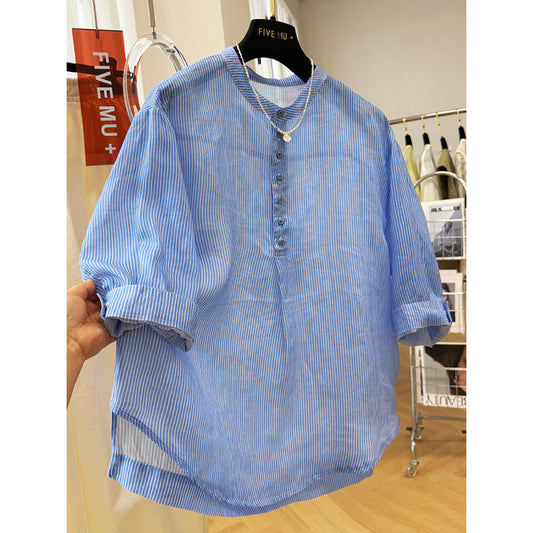 high-end crew neck striped seven-quarter sleeve shirt women's summer thin temperament shirt super good-looking loose top