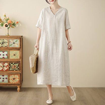 spring and summer new cotton and linen temperament V-neck loose and thin versatile commuter dress large size robe casual women