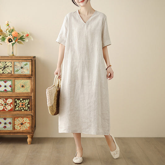 spring and summer new cotton and linen temperament V-neck loose and thin versatile commuter dress large size robe casual women