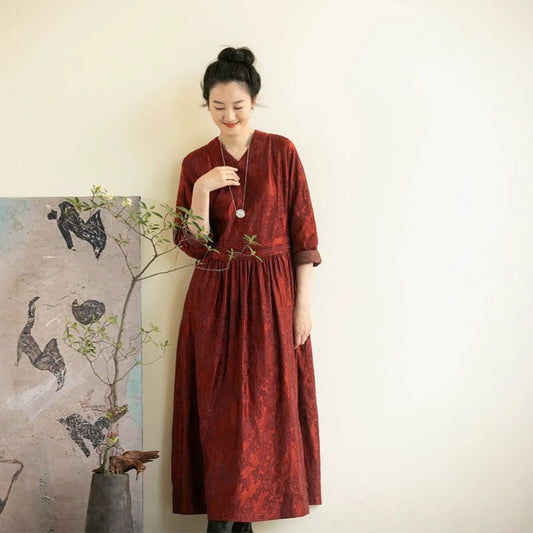 Dress women's spring high-end sense, jacquard Ankola red V-neck zen loose long-sleeved long skirt B1106