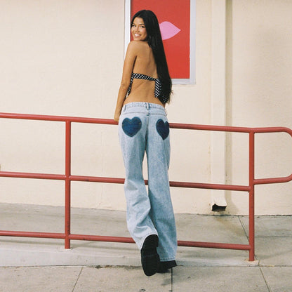 Cross-border summer women's straight denim washed heart-shaped embroidered jeans loose high street casual street trousers