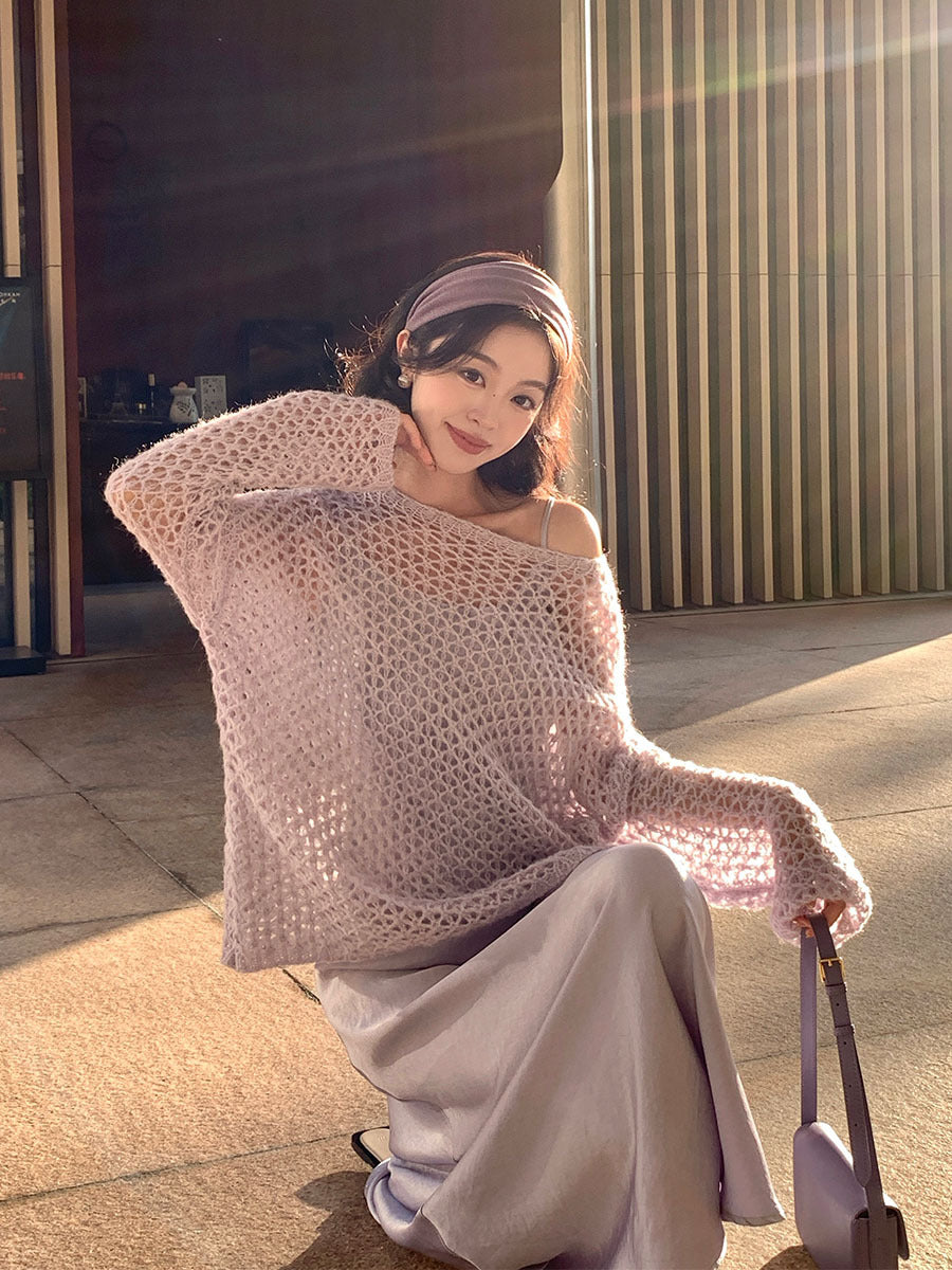 2025 spring loose long-sleeved hollow mohair knitted sweater top oversize sweater 25153
