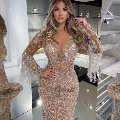 New spring new  women's evening dress female fishtail sprinkled with gold tassel elegant sexy long dress dress