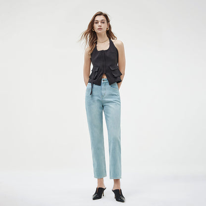 2025 popular spring new high-waisted thin pipe pants four-sided elastic straight jeans high-end elastic denim nine-point pants