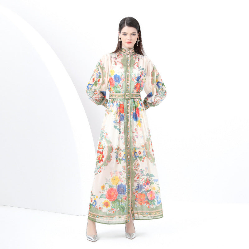 Popular trade women's clothing retro style stand-up collar lantern sleeve wavy edge long printed dress two-piece set