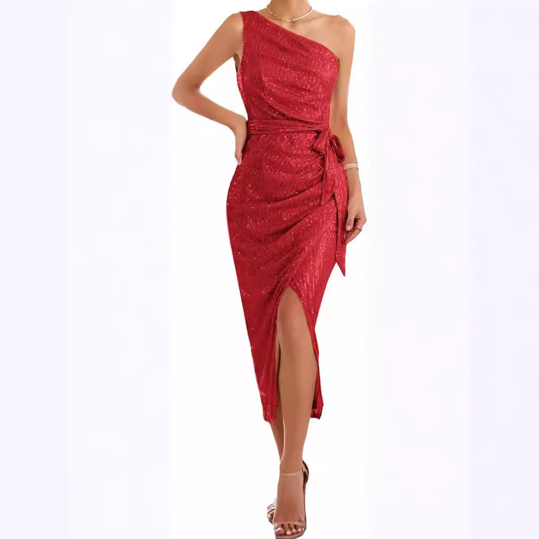 FLOWERSVERSE 20252025 4 Women's Sleeveless Shoulder Sequin Dress Sparkle Wrap Dress Cocktail Party with Split Wedding