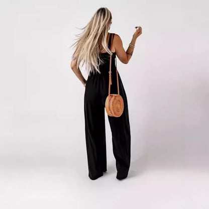 FLOWERSVERSE In the autumn of New, women's basic simple high-waisted knitted off-the-shoulder wide-footed pants women's pure black jumpsuit