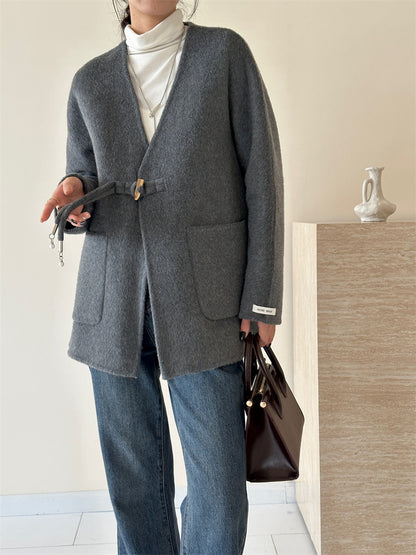 2025 Solid color V-neck lace-up horn buckle, national style double-sided wool woolen jacket, premium women's casual jacket to keep warm in autumn and winter