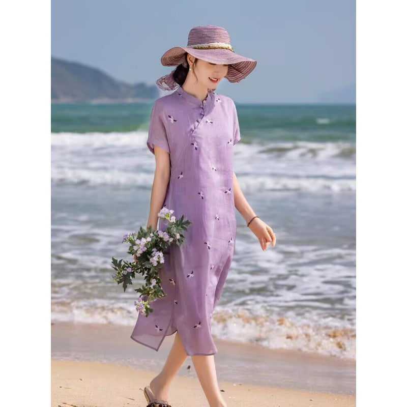 summer new cheongsam Chinese literary and retro embroidered purple cotton and linen dress temperament stand-up collar tea clothes women