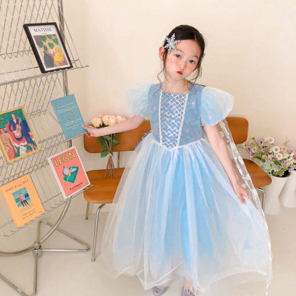 flowersverse Spring New Girls' Frozen Elsa's Princess Dress Dress Snowflake Shawl Birthday Dress Elsa