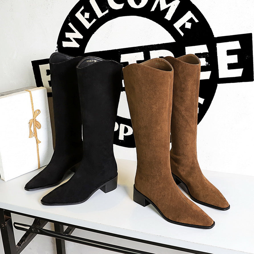 FLOWERSVERSE 2025 578-7  style banquet tall boots suede medium heel thick heel fashion simple versatile tall women's boots knight boots