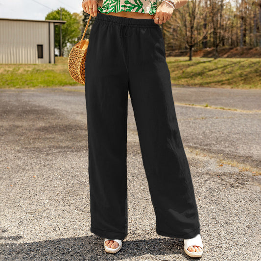 flowersverse Spring and Summer New HOT and NEW Cross Border  Wish Casual Women's Clothing Pocket Wide Leg Cotton Linen Loose Trousers for Women