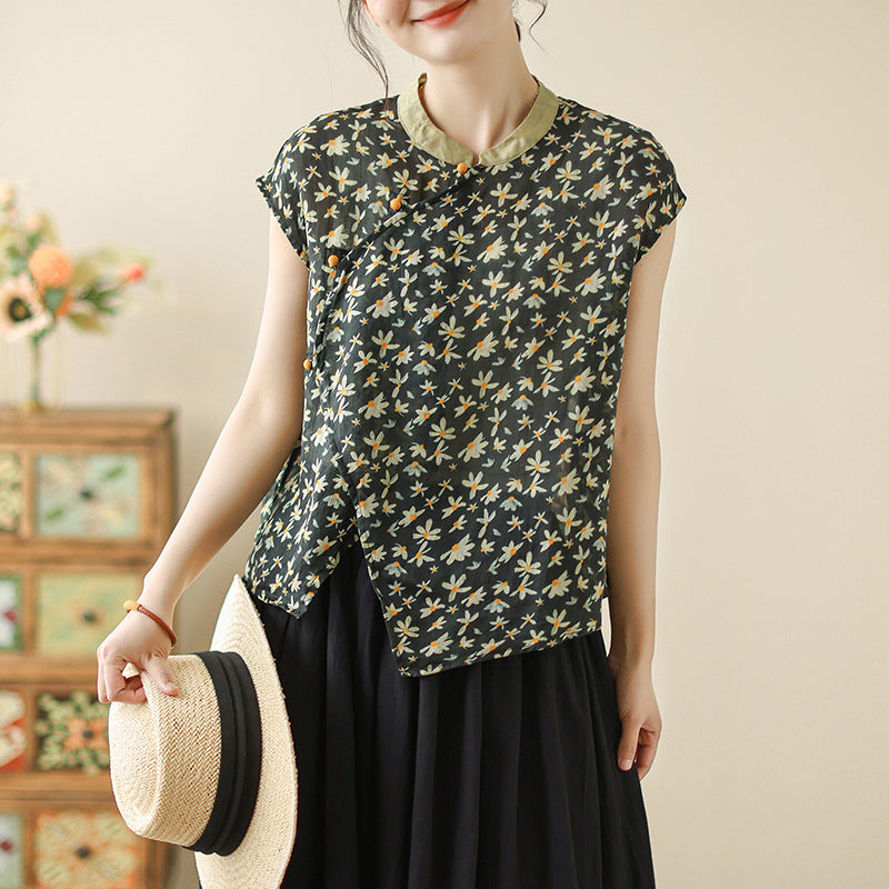 Cotton and linen new Chinese-style diagonal placket-button sleeveless shirt  summer national style printing retro literary temperament top women